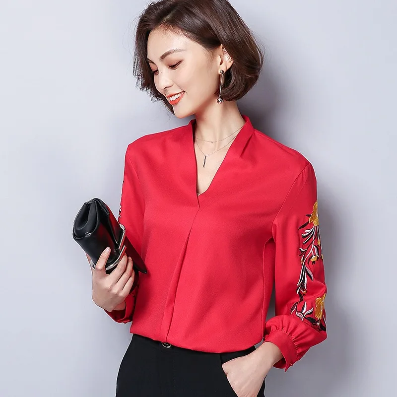 Chiffon Blouses Women Simple Long Sleeve Spring Autumn New Shirts Office Ladies V-neck Embroidered Casual Tops Clothes H9041 2