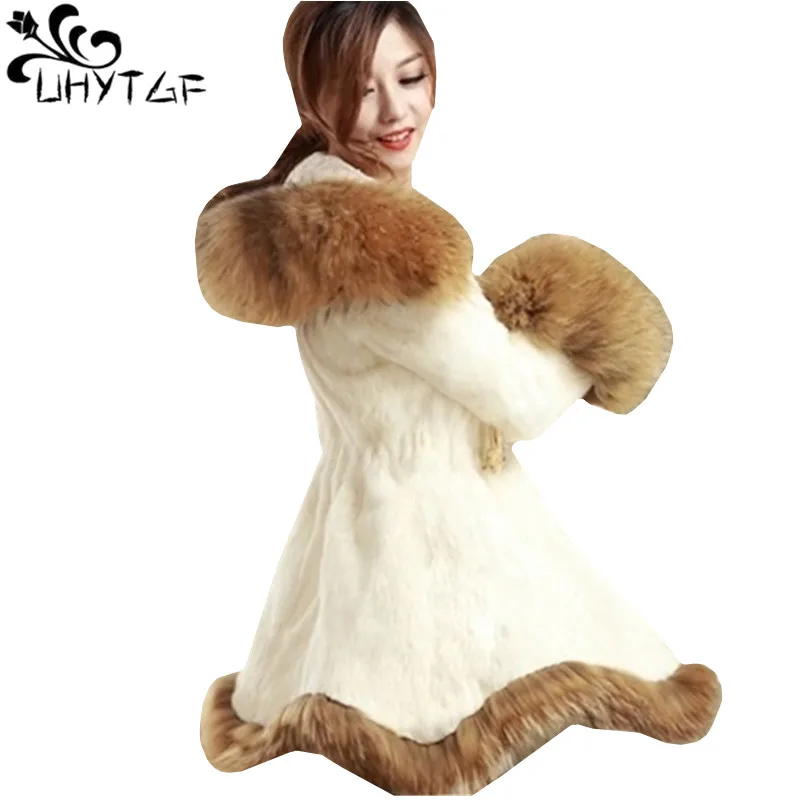 

UHYTGF Autumn Wnter Fur Coat Female Long Hooded Fox fur collar mink furJacket Women Top High quality imitation fur Coat Lady 706