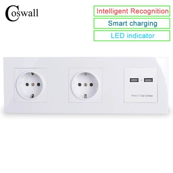 

COSWALL Wall PC Panel Double Socket 16A EU Electrical Outlet Dual USB Smart Charging Port 5V 2A Output