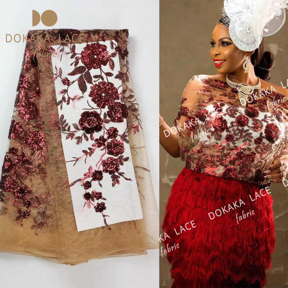 

Wine Red Sequined Embroidered Mesh Lace Fabric African French Net Tulle Fabrics 2018 Flower Sequins Guipure Evening Dress Laces