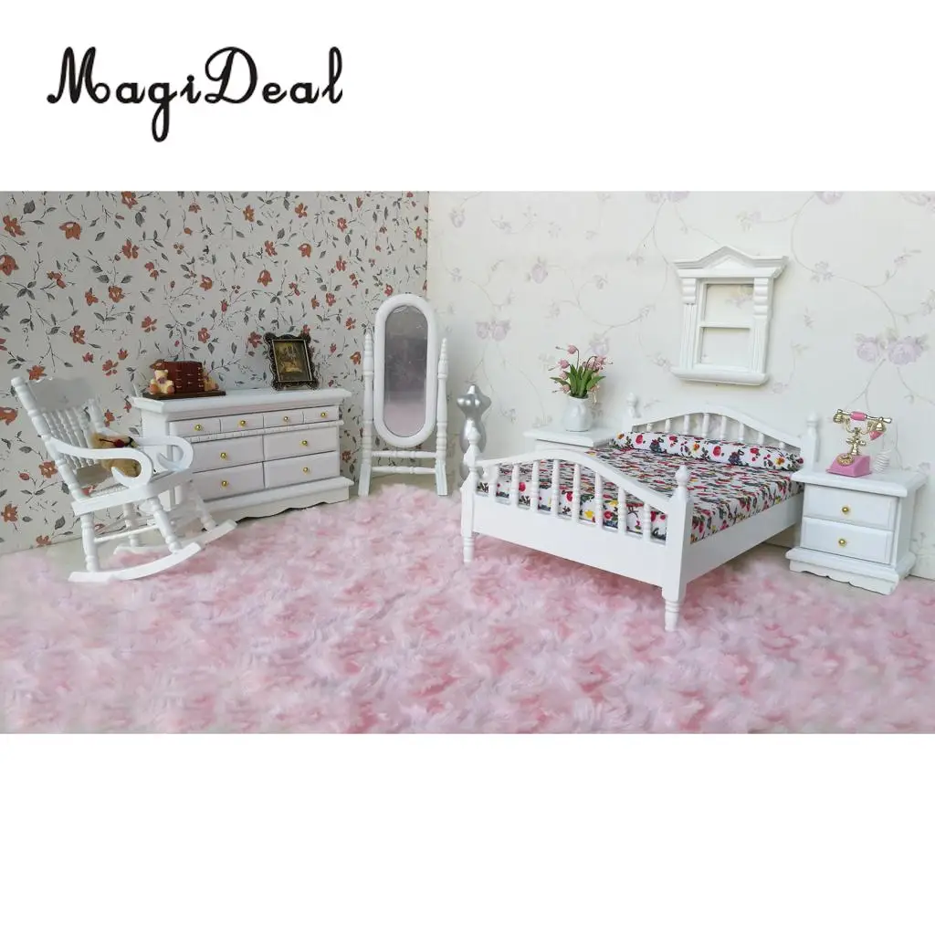 European Retro Design 1:12 Dollhouse Miniature White Wooden Bedroom Double Bed Dresser Mirror Chair Furniture Accs Kids Toys