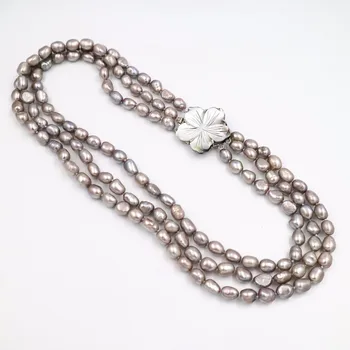 

new design fashionable natural baroque 3 rows mm 7-9 mm freshwater grey pearls necklace shell flower clasp 20 ''