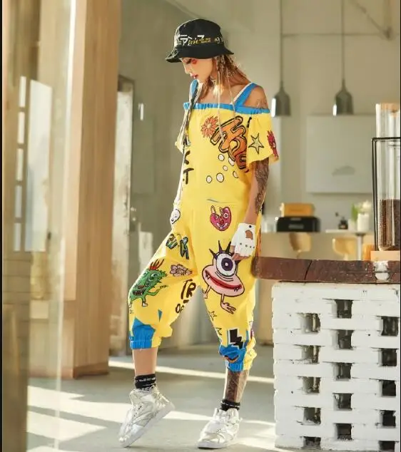 

Women Jumpsuits Off The Shoulder Strap Pants For Women Yellow Cartoon Hip Hop Dance Rompers Streetwear