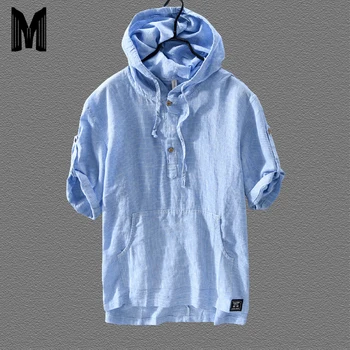 

Summer Striped Hooded Shirts for Men Cotton Linen Casual Shirt Short Sleeve T-Shirts Sweatshirt Men Clothing M-3XL Y1705