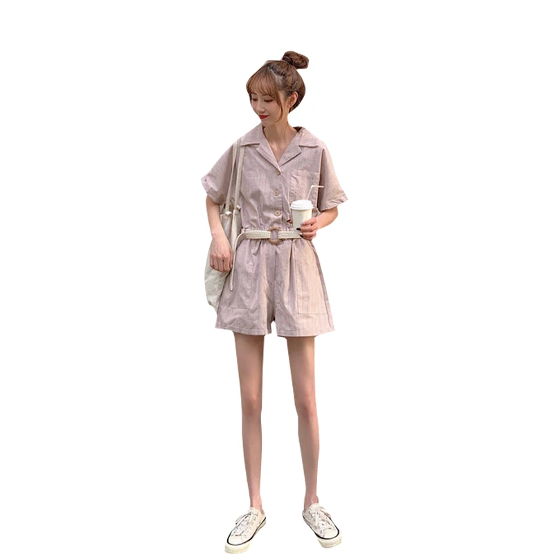 summer Women's Clothing sweet striped loose jumpsuit ulzzang harajuku Playsuits turn-down collar short sleeve new bodysuit