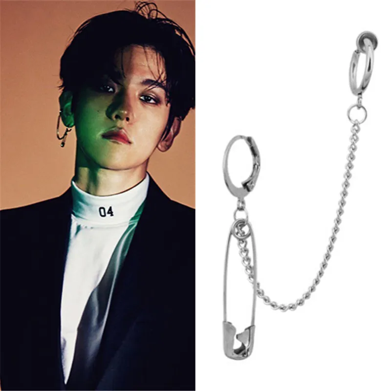 

KPOP DNA Korean popular Tassel Asymmetric Pin Chain V Earring Exaggerate Safety Pin Earrings For Women Men Punk