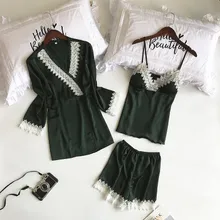 Daeyard Silk Pajama Set Luxury Floral Patchwork Cami+Shorts+Robe 3 Pieces Pajamas Sleepwear Sexy Lace Pyjamas Elegangt Home Wear lace insert cami pajama set with robe