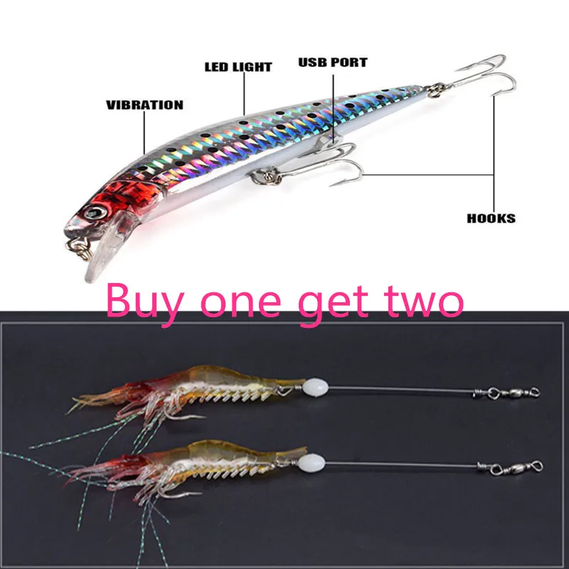 LED Twitching Fishing Lures Bait USB Rechargeable Flashing Vibrate Treble Hooks