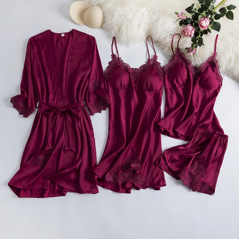 

MECHCITIZ 4 Pieces Women Robe Gown Sets Lace Satin Sleepwear Summer Silk Bathrobe Nightwear Pyjama Short Sleep Robes Lounge Set