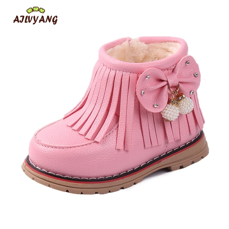 

2018 Winter New Girls Warm Cotton Shoes Plus Velvet Thickening Children's Snow Boots Baby Tassel Bow Princess Boots
