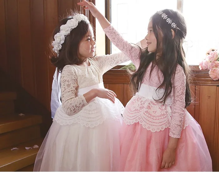 Высококачественное кружевное платье для девочек детское платье с длинными рукавами и поясом, От 2 до 13 лет Бальные вечерние платья принцессы для маленьких девочек, CA496