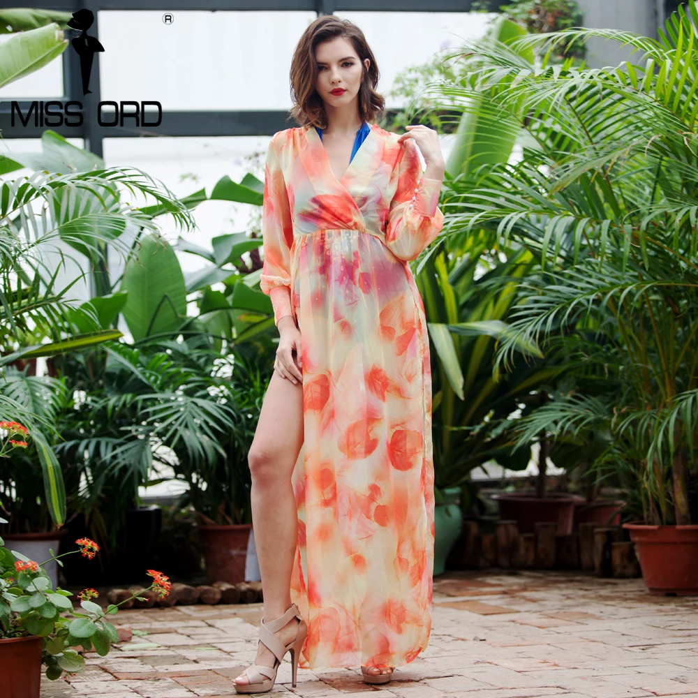 

Missord 2019 Sexy V-neck Long Sleeve two split printing dress beach dress FT8102
