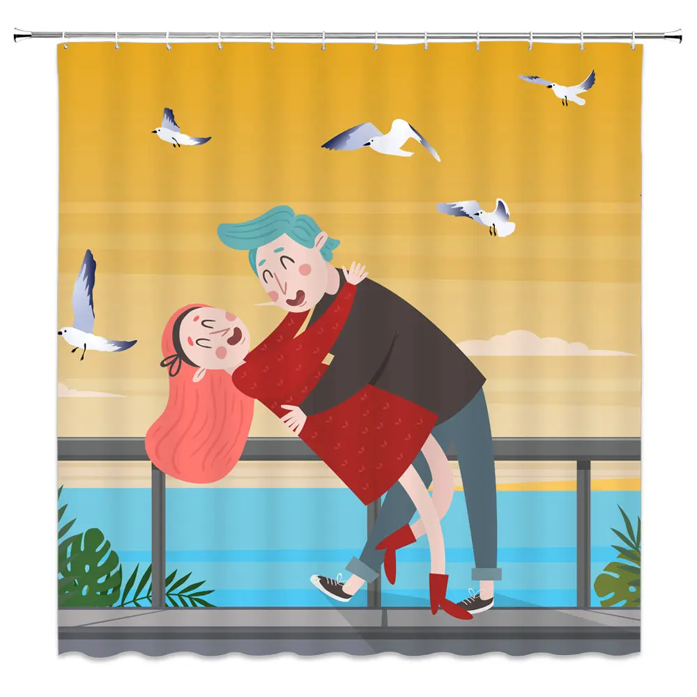 Cartoon character shower curtain blue brown couple romantic dating