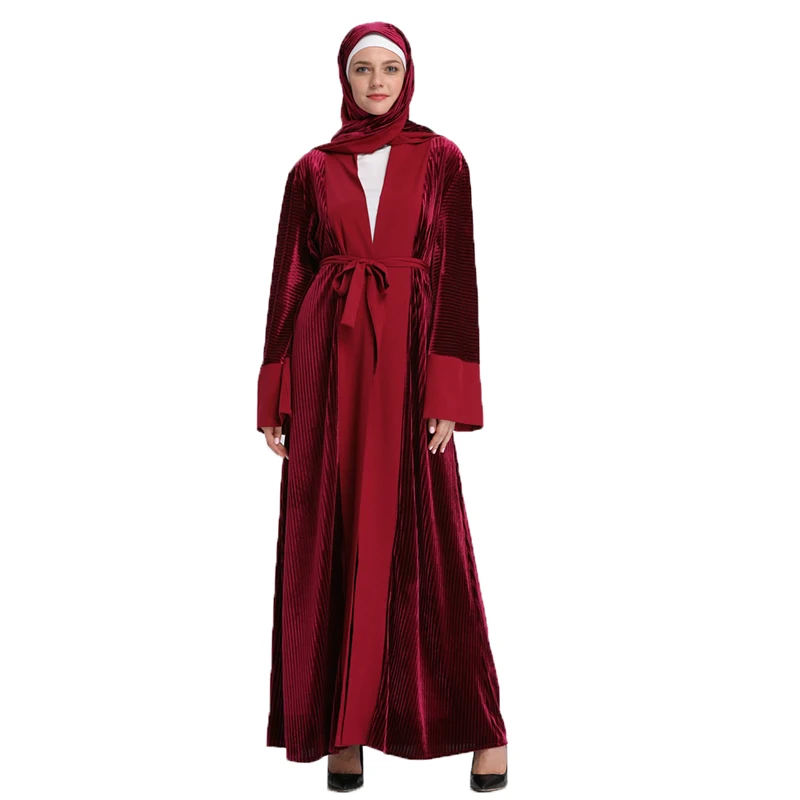 

Arab Women Cardigan Abaya Muslim Women Striped Kaftan Dresses with Scarf
