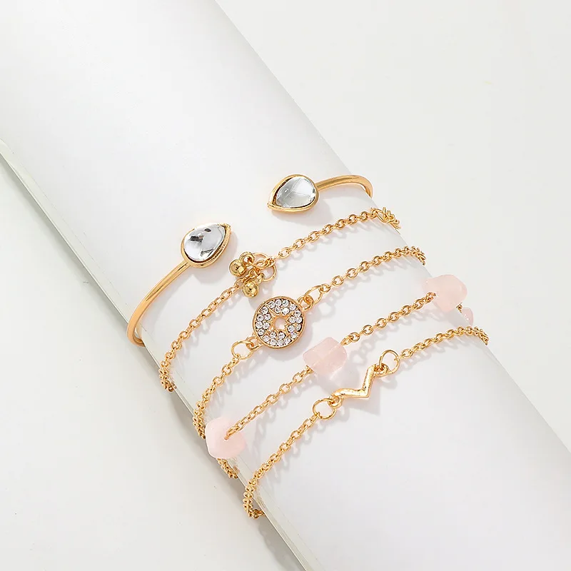 

8Seasons Fashion Bohemian Bracelets Set Gold Color Link Chain Pink Beads Romantic Jewelry For Women Gift Accessories,1 Set