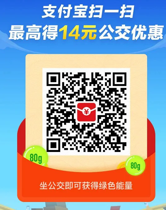 支付宝扫码最高领取14元公交优惠红包