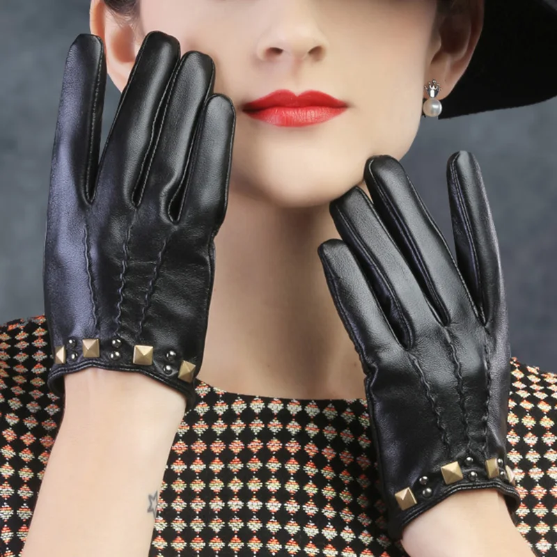 Осень зима тонкие короткие темперамент ремонт кожаные перчатки Корейская версия мода квадратный гвоздь кожа овчины женские перчатки 033