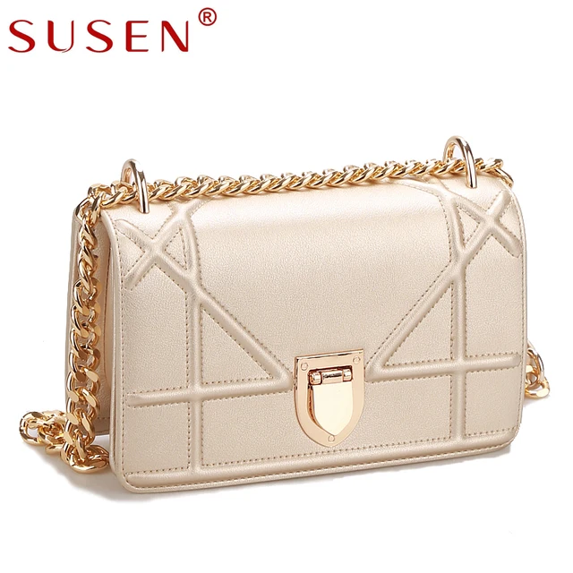 SUSEN PU Leather Handbags Solid Hard Shoulder Messenger Bag Flap Chains Crossbody Bag Women