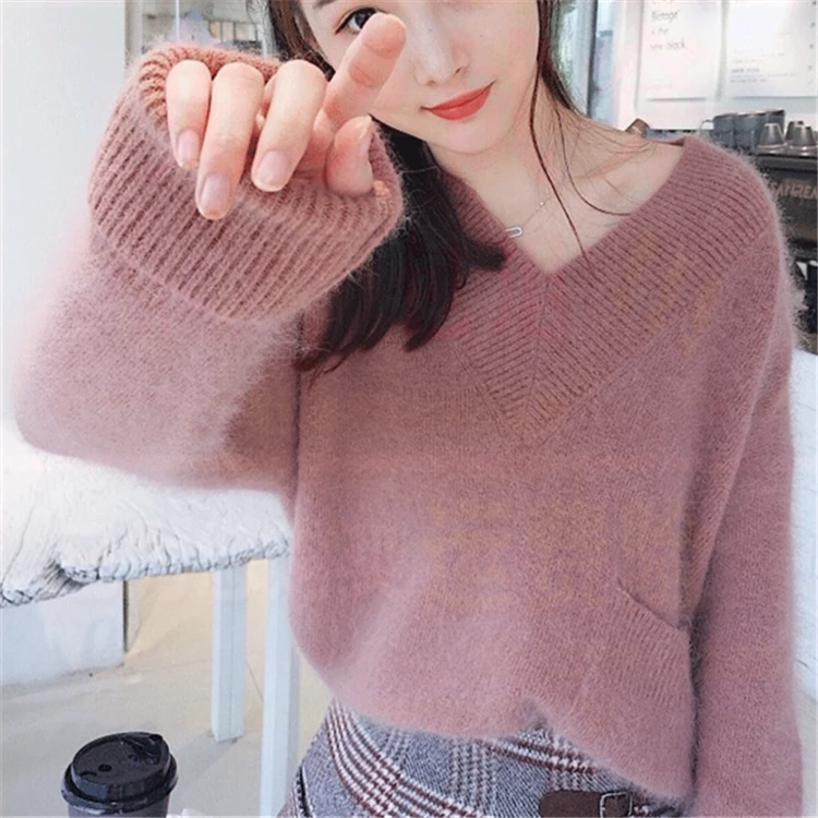 

Mink Cashmere Mohair Oversized Sweater Women 2018 Autumn Winter Sexy V-Neck Batwing Sleeve Jumper Pull Femme Hiver Pullover