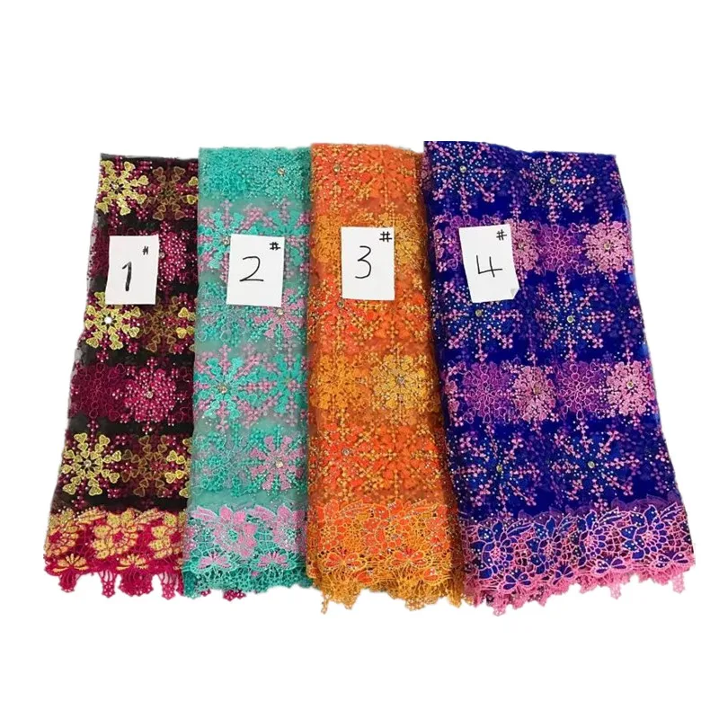 

High Quality Multi Color African Mesh Embroidery French Net Lace with Stones for Wedding Lace Dress