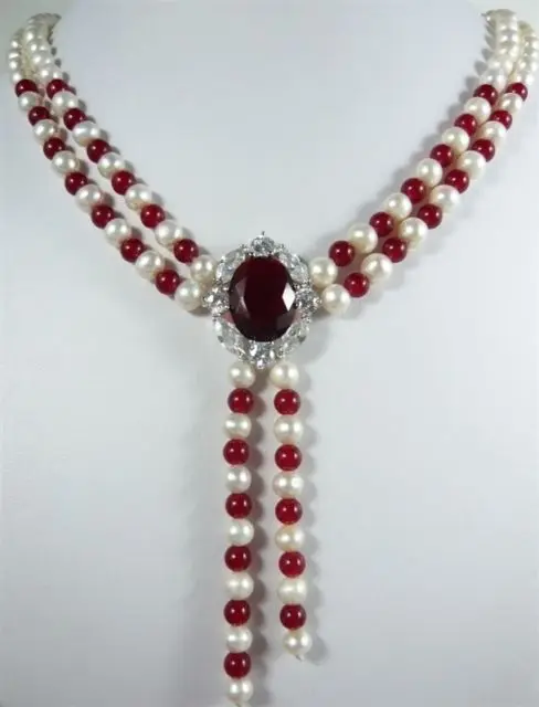 

FREE SHIPPING2 color white pearl blue red jade necklace crystal pendant earring set A406 (A0423)