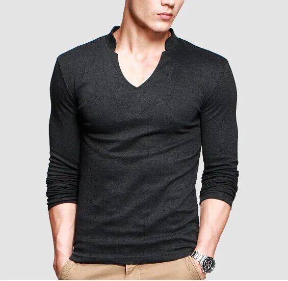 Download Thick T Shirt Men's Long Sleeve Brand Tee V neck T Shirt ...