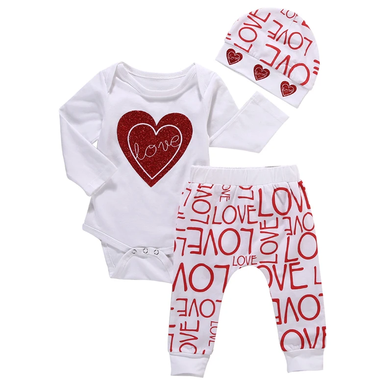 

3PCS Set Newborn Baby Boy Girl Clothes Love Print Long Sleeve Cotton Romper Bodysuit Tops+Long Pant Hat Outfit Kids Clothing Set