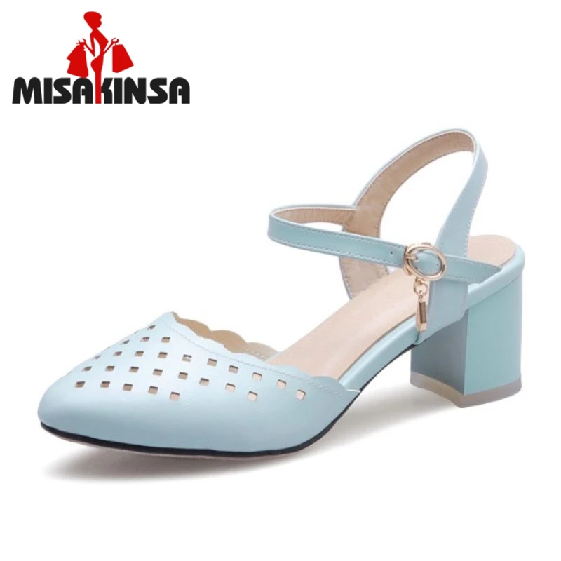 

MISAKINSA Size 32-43 4 Colors Women High Heel Sandals Round Toe Thick Heel Buckle Hollow Out Sandals Korean Shoes Party Footwear