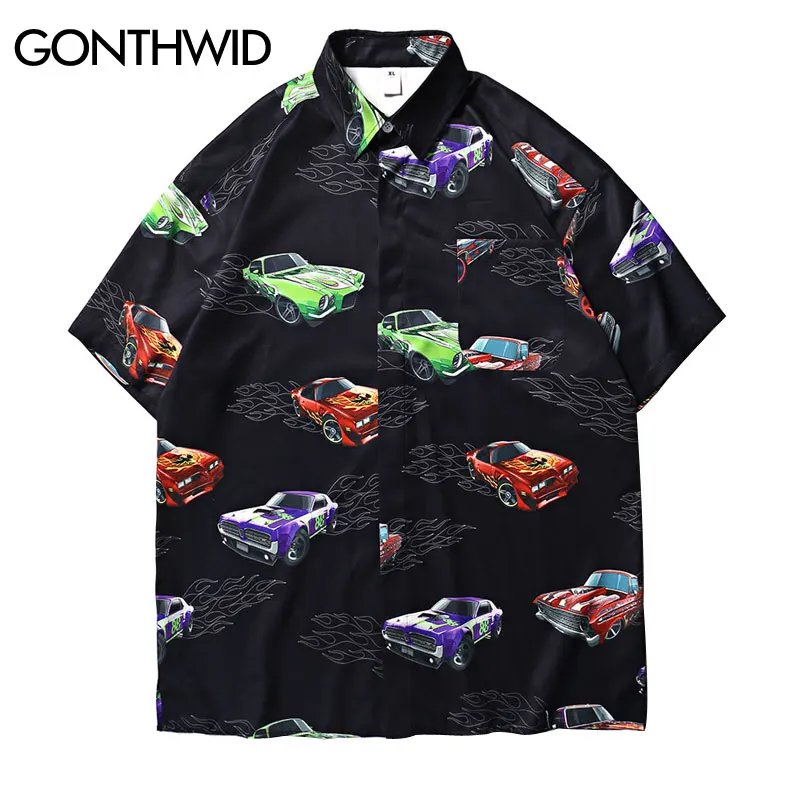 

GONTHWID Vintage Racing Cars Fire Flame Print Shirts Mens Summer Short Sleeve Hawaiian Beach Shirts Male Casual Streetwear Shirt