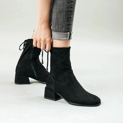 

Shoes woman Autumn and winter with square head boots European and American style thick with side zipper boots sexy luxury black