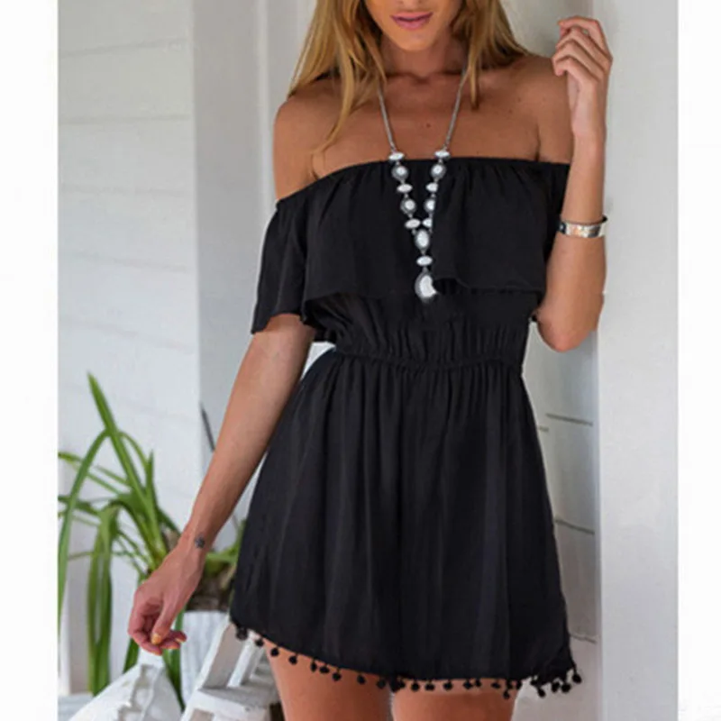 

Laamei New Fashion 2019 Bodysuits Women Casual Jumpsuit Summer Ladies Sexy Off-the-shoulder Fringed Solid Color Jumpsuit Brand
