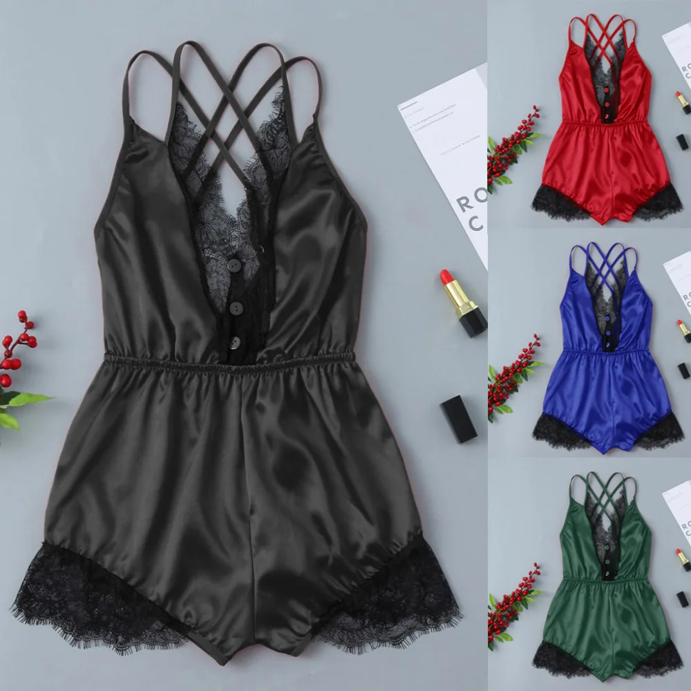 

Sexy Summer Lace Sleepwear for Women Sleeveless Spaghetti Strap Satin Cami Top + Shorts jumpsuit Sets Nightwear