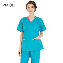 Viaoli Женская медицинская Униформа форма медсестры одежда с коротким рукавом пальто медицинская одежда кисть ручная одежда синий и розовый