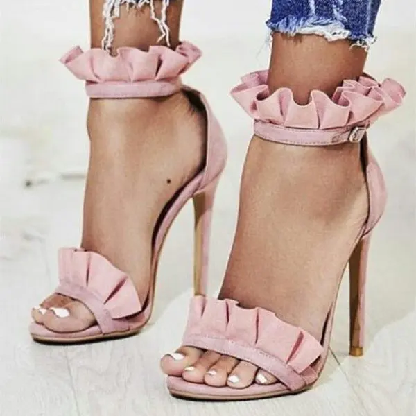 pink_stiletto_heels_dress_shoes_ankle_strap_suede_ruffle_sandals