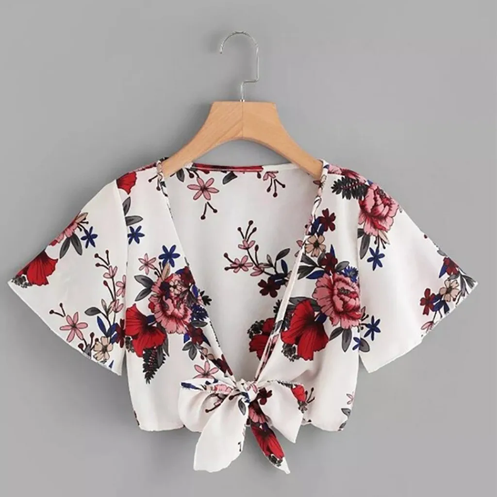 

Womens Tops and Blouses 2019 Summer Casual Sexy Tie Bandage Hollow Cross Cropped Blouse Clothes Vintage Ladies Lace Tops Hippe