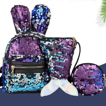 

Fashion Sequins Rabbit Shoulder Bag New Mermaid Pouch Letter Three-piece Children's Girl Backpack A410