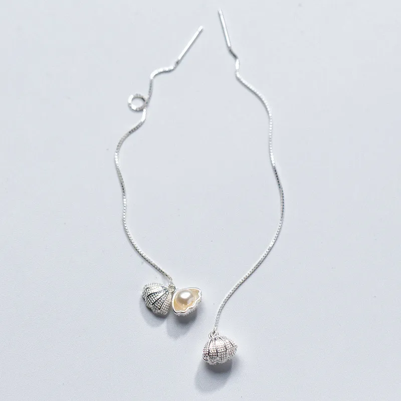 

1pair Real. 925 Sterling Silver jewelry Shell shape &Handmade Pearl dangle Threader Earrings jewelry GTLE2598