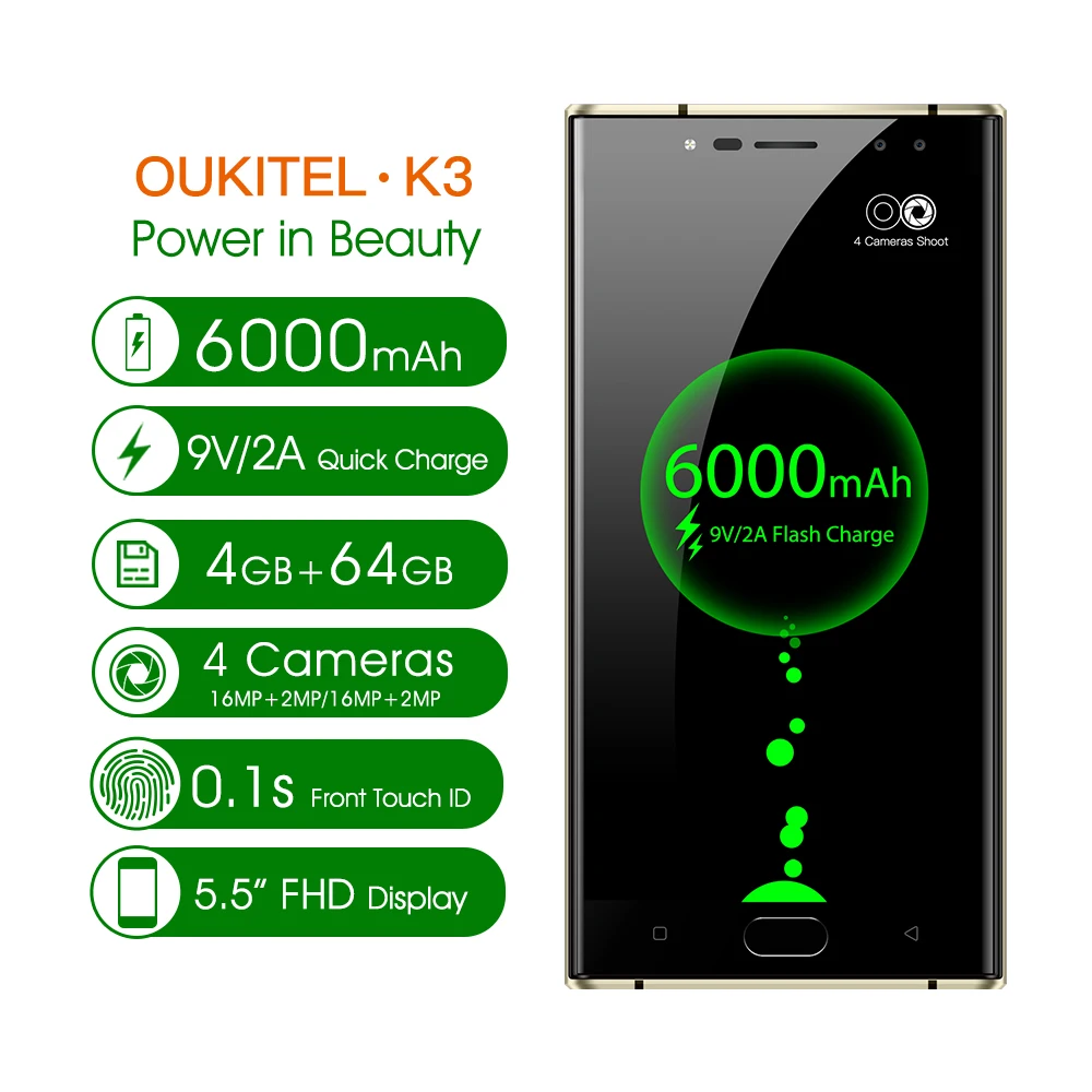 Oukitel K3 5 FHD 4G Оперативная память 64G Встроенная 4 Камера смартфон 6000 mAh Батарея MT6750T Octa