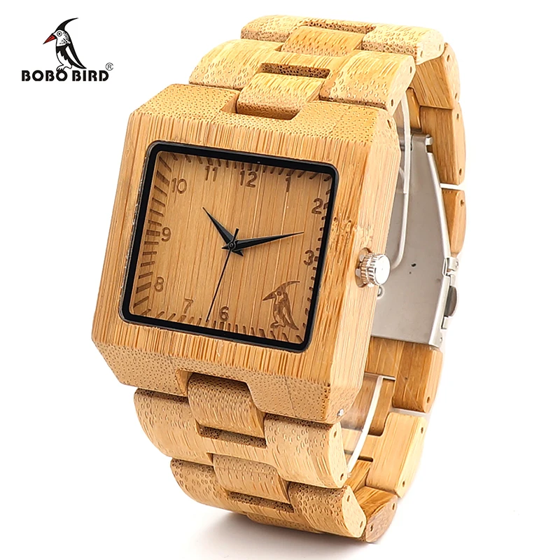 BOBO BIRD L-L22 Fashion Men Square Bamboo Wooden Watches with BOBO BIRD Pattern on the Dial Face Uomo Orologio in paper box