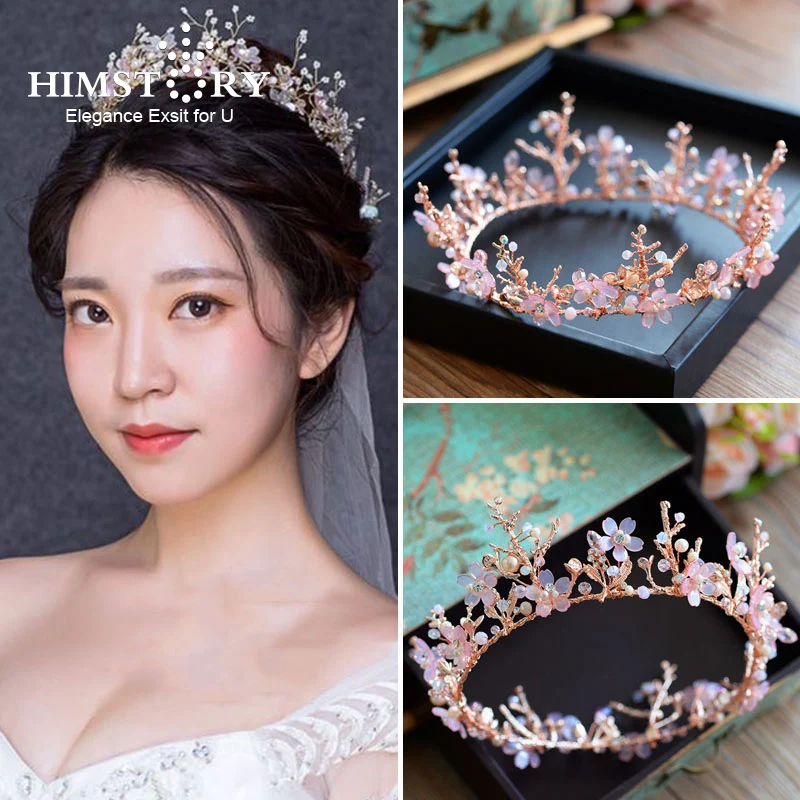 HIMSTORY Vintage Princess Flower Branch Crystal tiara Pink Rhinestone Bridal Hair Jewelry