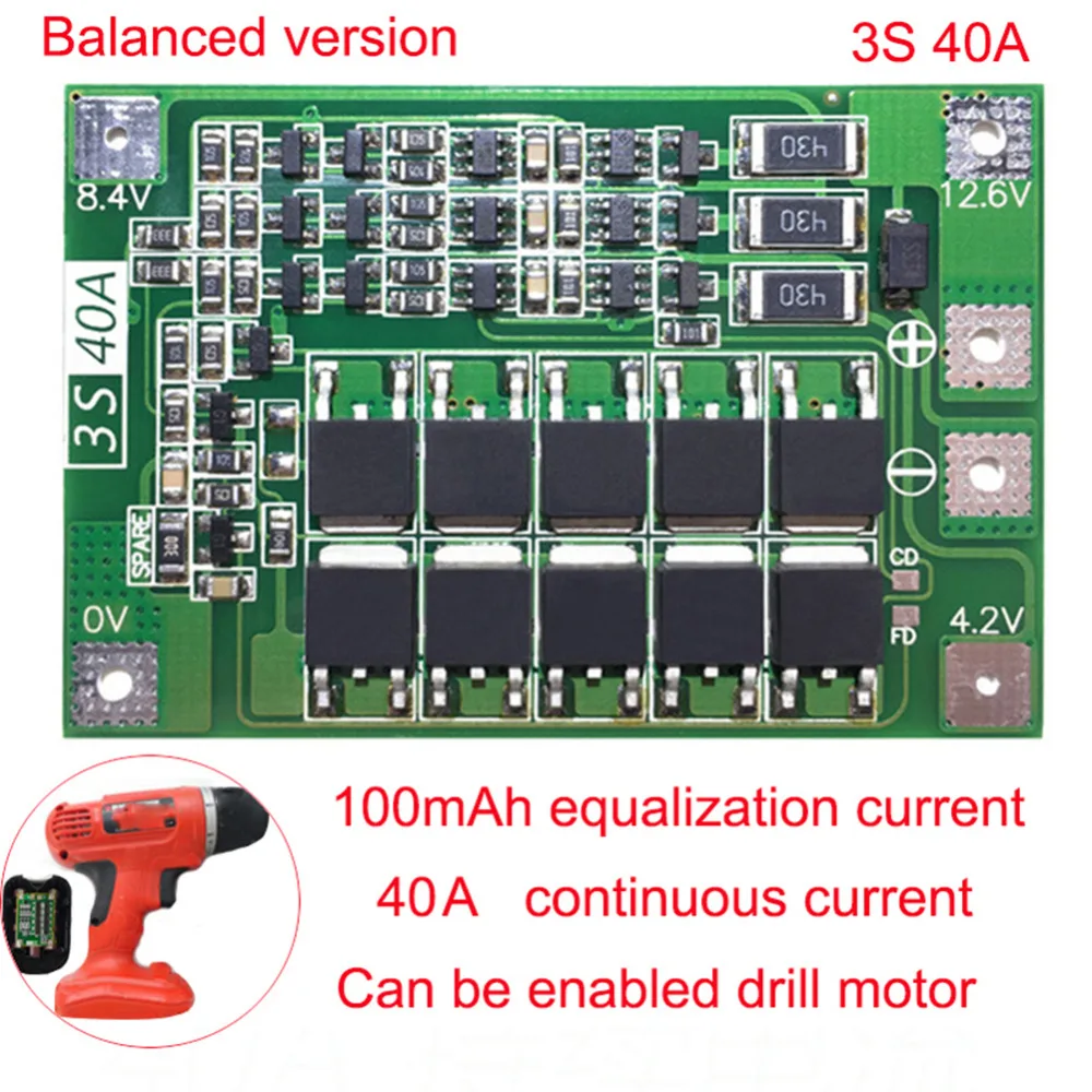 

3S 40A BMS 11.1V 12.6V 18650 Lithium Battery Protection Board BMS Board Standard Balance Upgrated Version For Drill