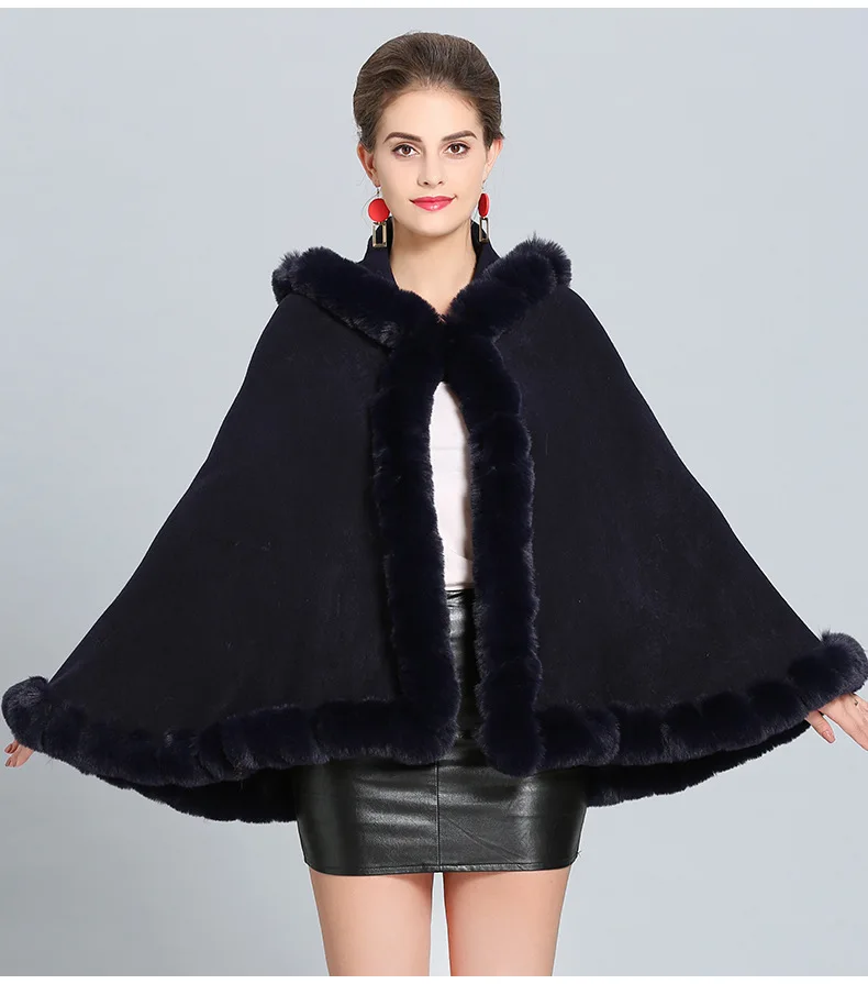 Размера плюс женская зимняя мягкая шаль с воротником из искусственного лисьего меха свободное Пончо Накидки короткий серый кардиган пальто с шапкой
