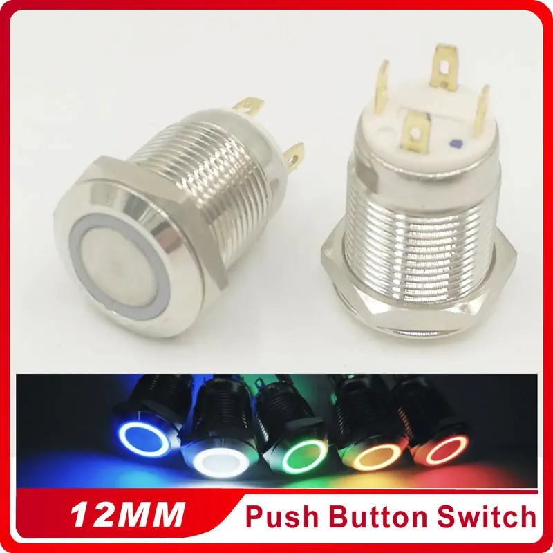 

1PC 12MM with LED 3V 5V 6V 12V 24V 220V Flat Head Metal Push Button Switch Momentary Auto Reset Waterproof Illuminated Switch