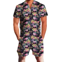 Фламинго Ползунки с цветами для мужчин короткий рукав 3D гей вечерние комбинезоны Харадзюку шаровары рабочая одежда летний комплект одежды