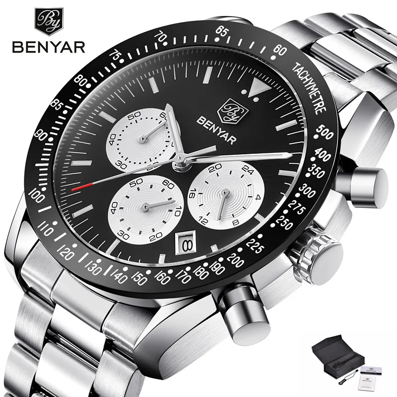 

BENYAR Mens Watches Top Brand Luxury Sport Chronograph Quartz Watch Men Full Steel Calendar Luminous Male Clock bayan kol saati