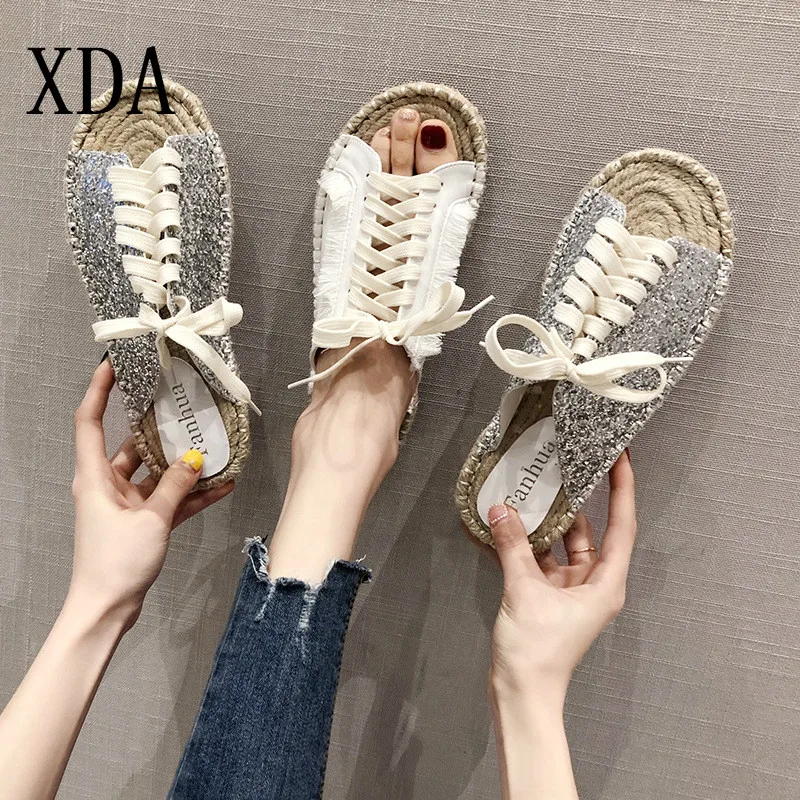 

XDA 2019 New Women Casual Lace Up Fringed slipper Plaited Straw Hemp Flax Soles Lazy Loafers Mules Slides Slippers sandals D250