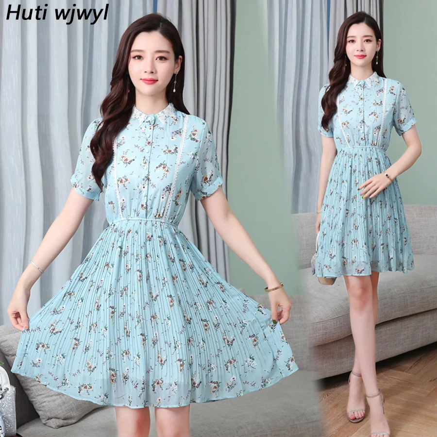 

Summer Vintage Plus Size Blue Beach Sundress 2019 Korean Sweet Floral Chiffon Mini Dresses Women Bodycon Elegant Party Vestidos