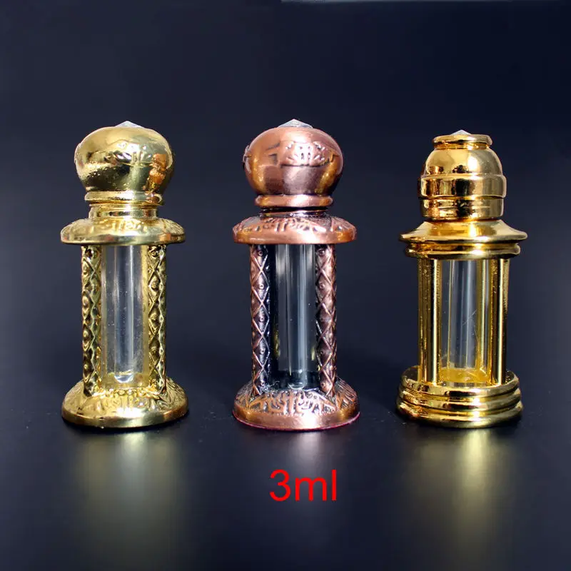 

1PC 3ml Metal Glass Perfume Bottle Arab Style Alloy Essential Oils Vials with Glass Dropper Sample Test Bottle Gold Bronze