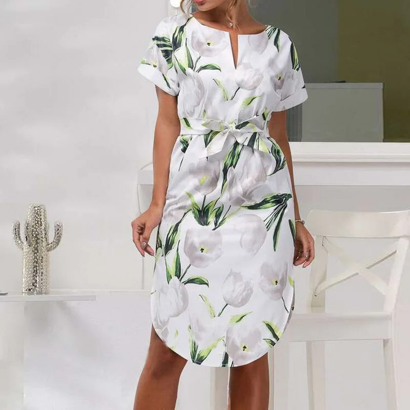 

2019 New Women Short Sleeve Shoulder Dress Summer Floral Print Vintage Party Skirt Boho Style Straps Bandage Mini Beach Dress