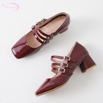 

European OL style comfortable square toe paint real leather pump fashion narrow band buckle medium with Mary Jane shoes woman